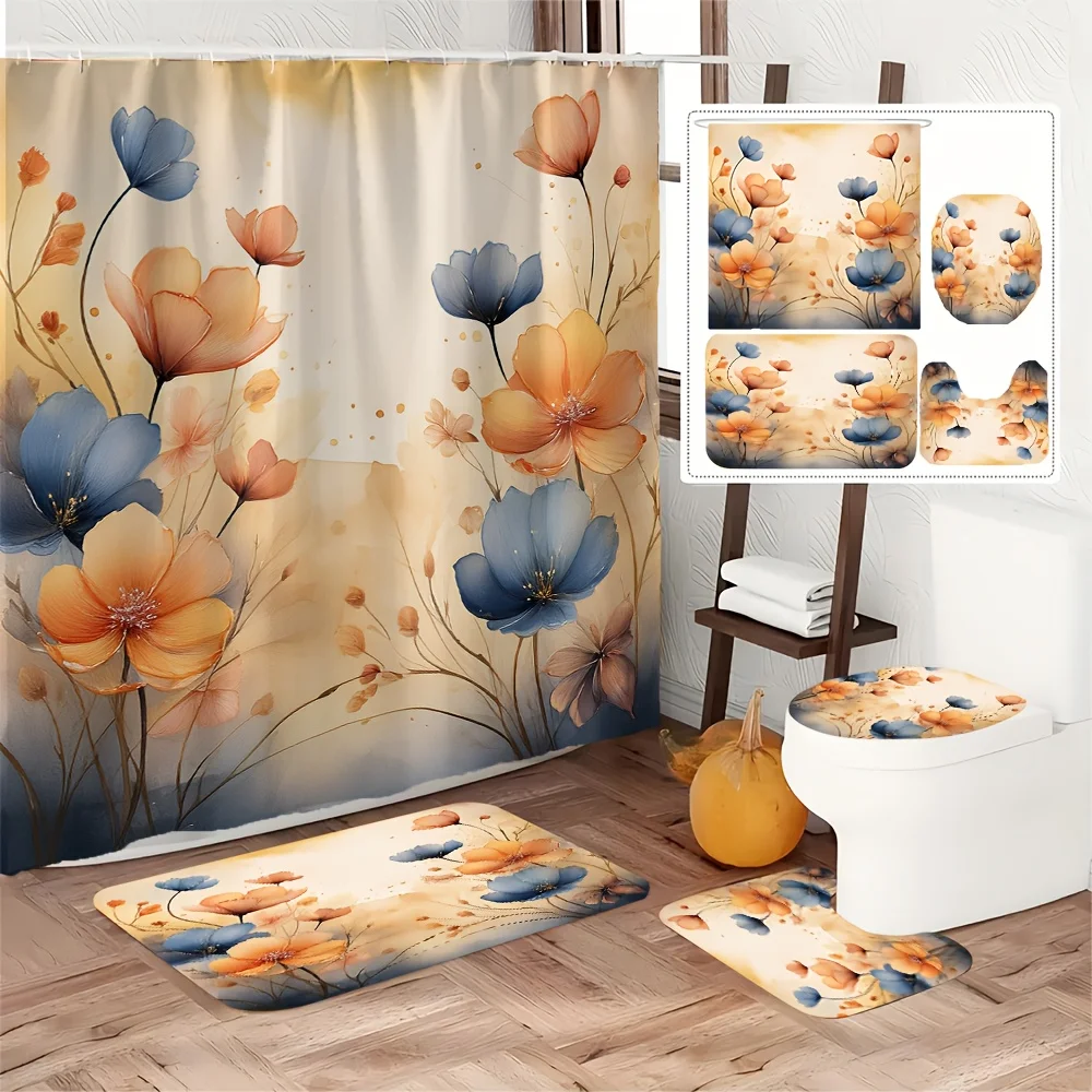 

4pc Brightly colored floral patterned bathroom sets, shower curtains, bathroom mats, U-shaped mats, toilet mats.