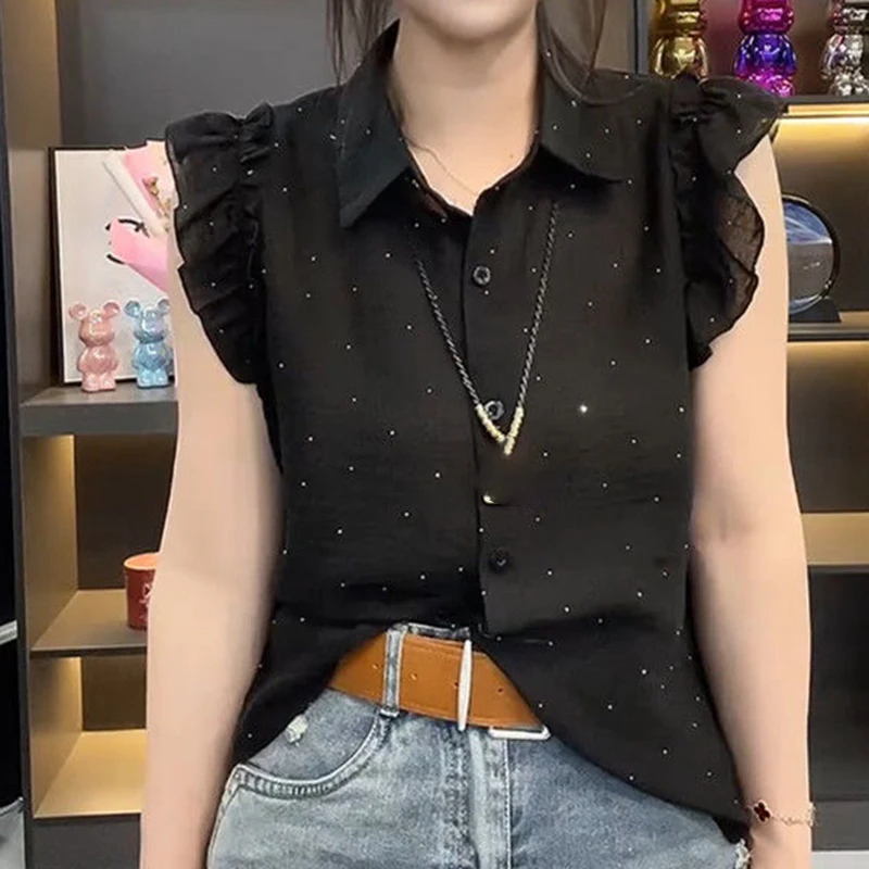 Feifei-camisa sem mangas das mulheres com diamante design polo gola estilo coreano moda novo verão 2021