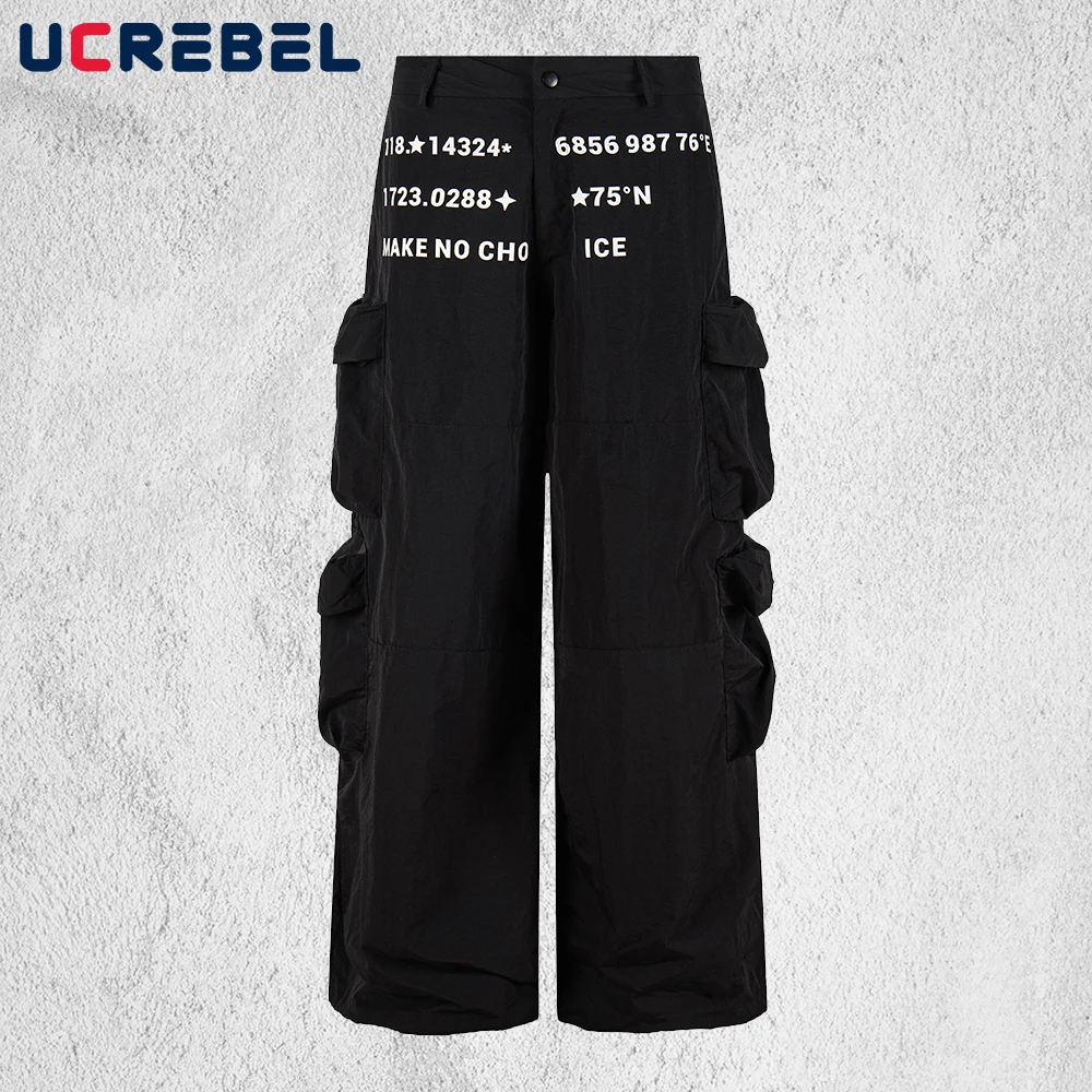 Letter Print Casual Pants Mens Multi-Pocket Summer Hip Hop Streetwear Wide Leg Straight Baggy Trousers Man