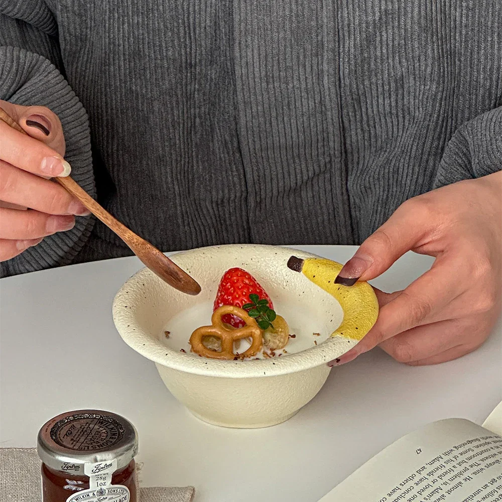 Korean Ins Splash Ink Porcelain Bowl Banana Under Glazed Round Ceramic Food Container Yogurt Fruit Salad Milk Oats Bowls