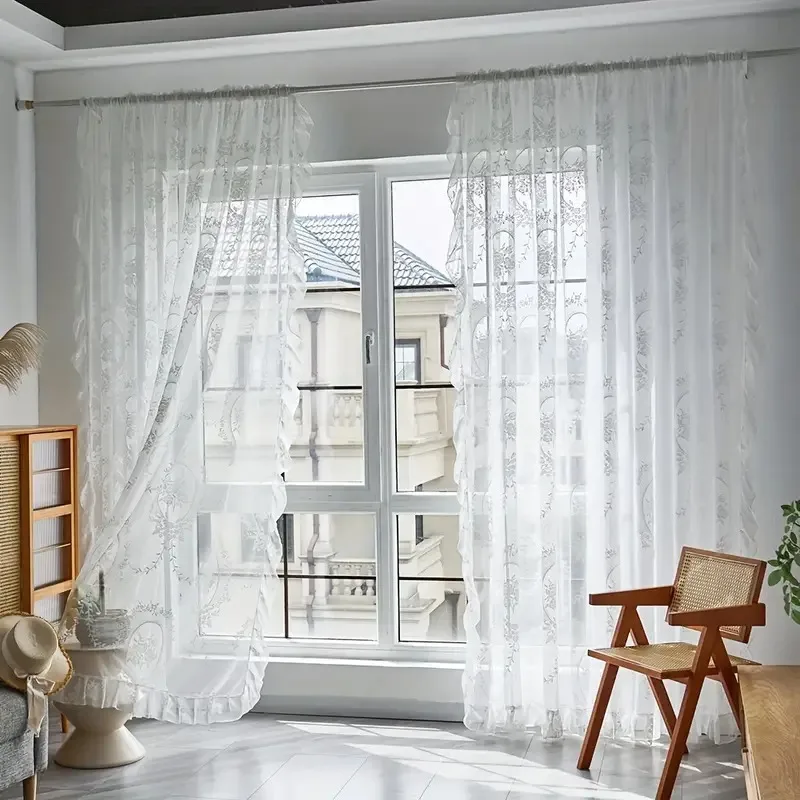 Ruffled Floral Sheer Jacquard Tulle Curtain Panel for Living Room Window Drapes Vintage Lace Voile Rod Pocket Home Decorative