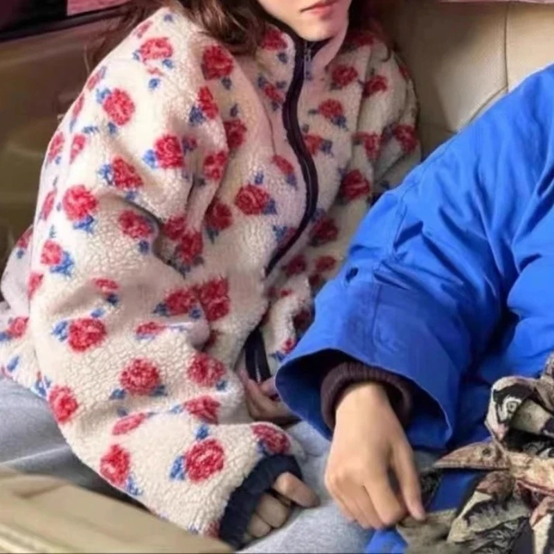 Kurtka zimowa 2025 New Rose Shake Fleece Retro Ciepła Rozpinana Casualowa