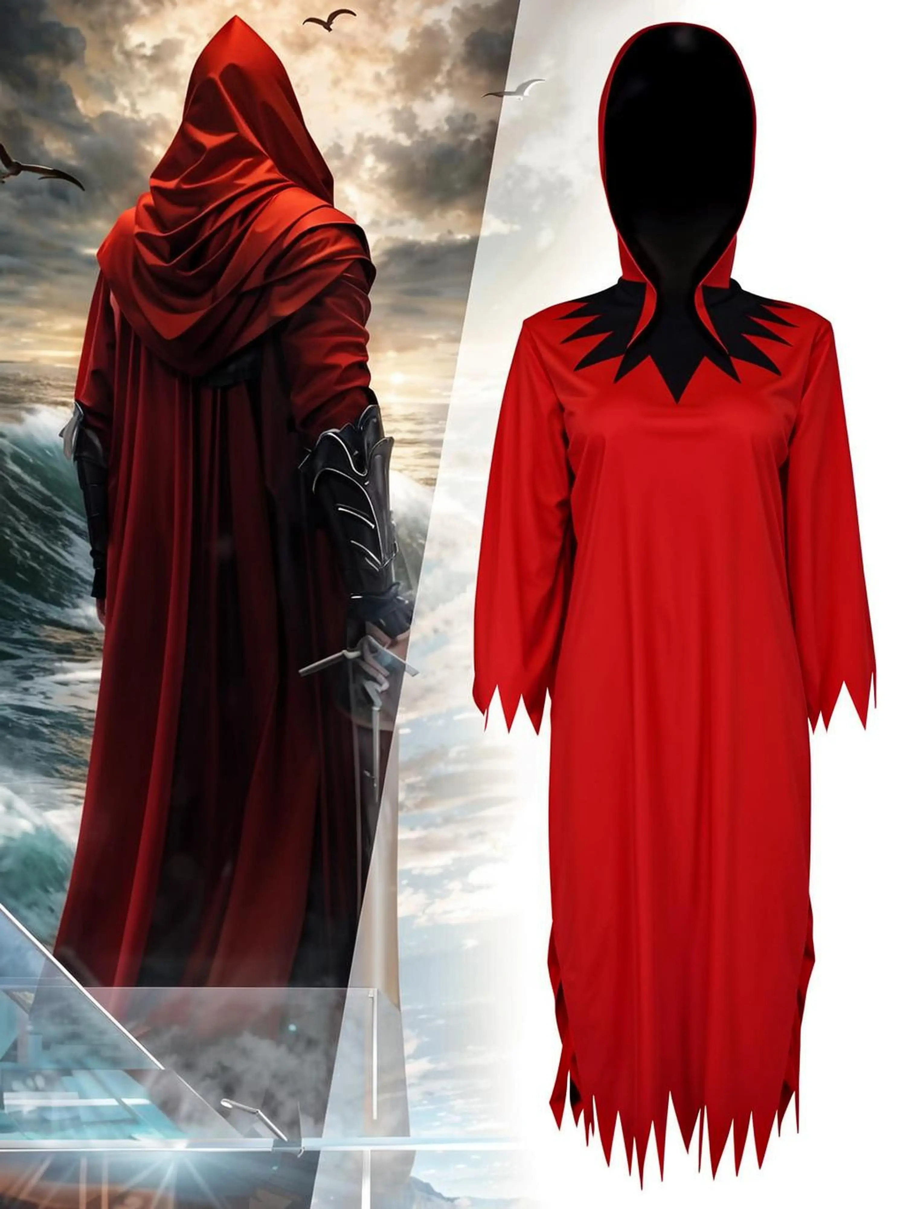 

Red Devil Grim Reaper Cosplay Costume with Hood For Adult Men Women Role Play Party Dress Up Clothes