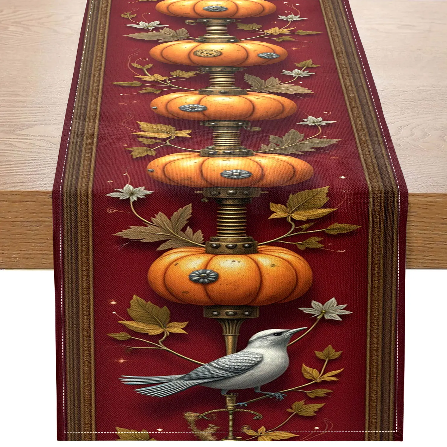 

1 Piece Steampunk Pumpkin Clock-Themed Table Runner, Featuring Mechanical Pumpkins, Clocks, Flying Birds, and Autumn Leaves on a Red Background, Suitable for Halloween Parties, Vintage Restaurants, Art Exhibitions, Creative Studios, Home Decoration, Uniqu