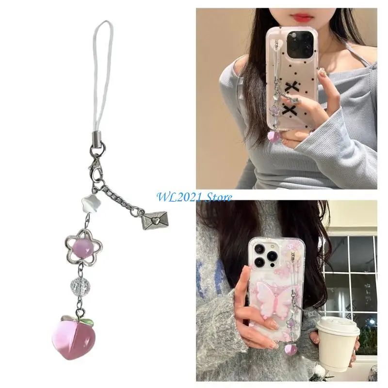 

G5GC Fashion Peach Flower Beads Charm Pendant Phone Chain Pocket Keychain Strap