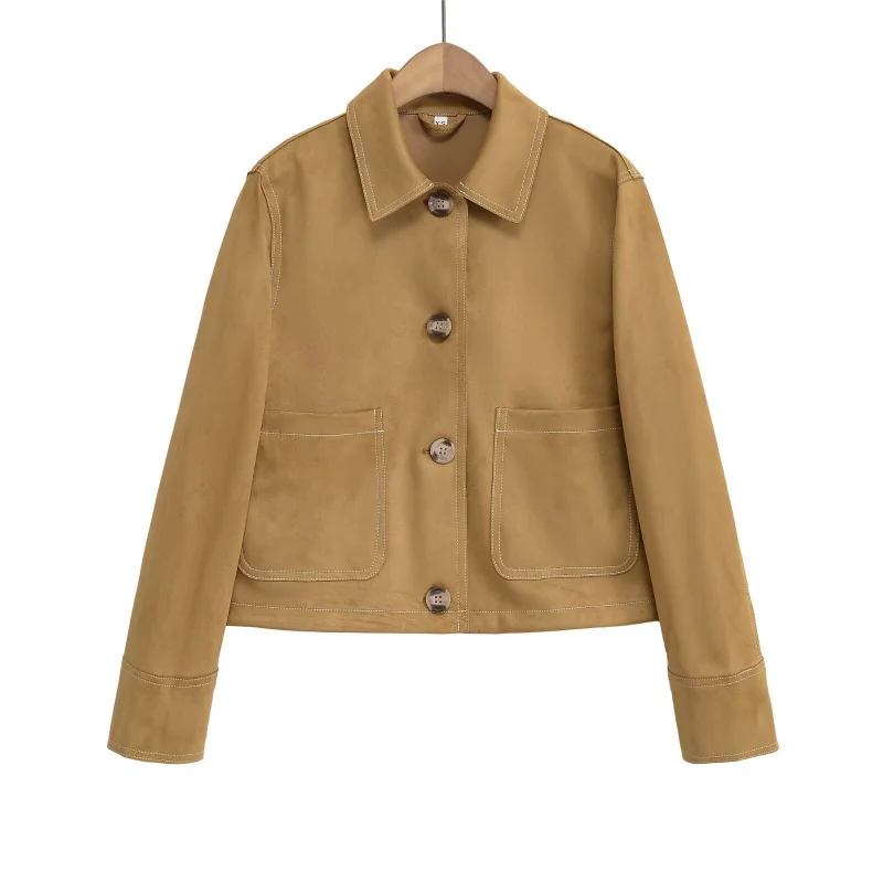 

New European and American Women's Fashion Street Style Large Pocket Turn-Down Collar Coat