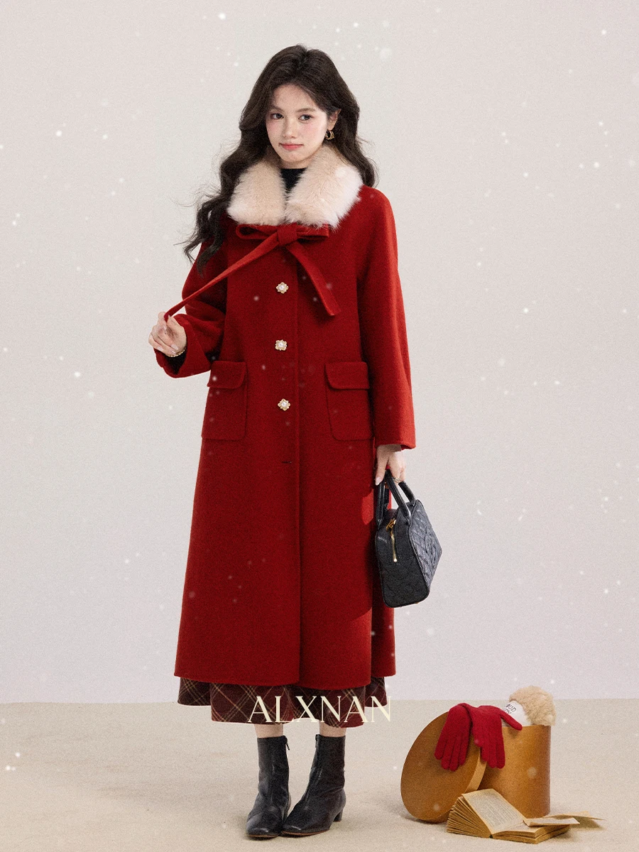 

Red Double-Faced Woolen Coat for Women Long Sle Winter Faion Sweet Sle Loose Fit Knot ket Design Pure Wool