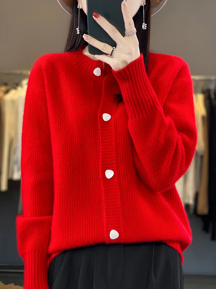 Light Luxury 100% Merino Wool Women Sweater Autumn Winter Long Sleeve O-Neck Cardigans Warm Cashmere Knitted Coat Fashion Tops