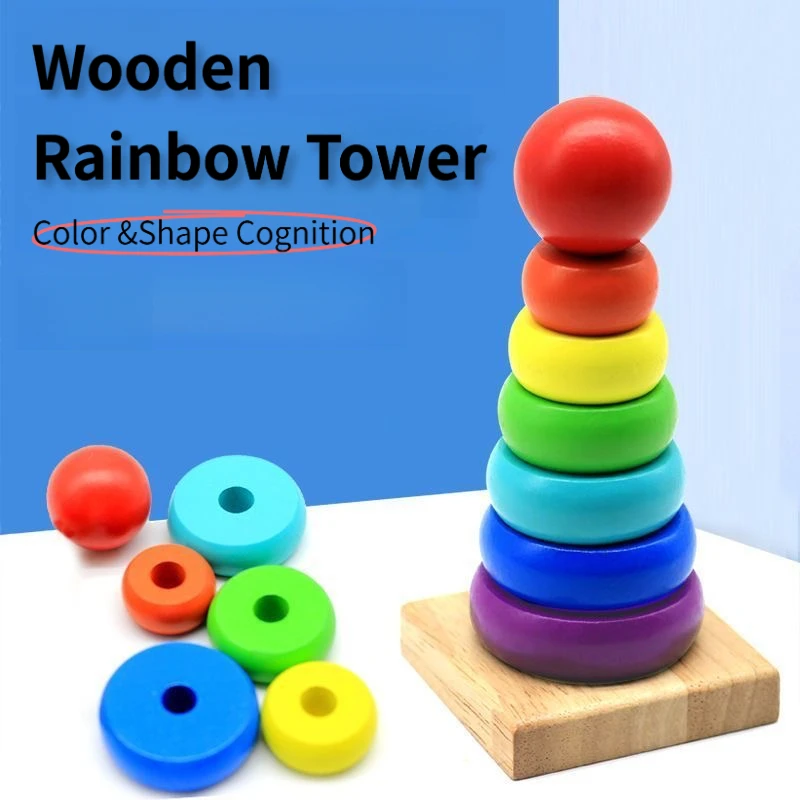 Montessori Wooden Rainbow Stacker Color Recognition & Hand-Eye Coordination Toy for Babies 1-3 Years