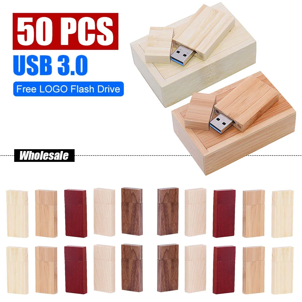 50pcs/lot Free Custom Logo Wooden 3.0 USB Flash Drive 128GB64GB32GB16GB8GB Pen drive Smart Pendrive memoria Stick  Business Gift