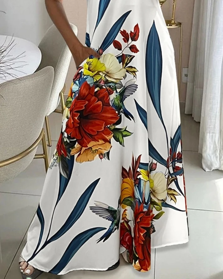 Vestido maxi estampado floral feminino, vestido sexy e elegante, roupa casual, design de bolso, nova moda, verão, roupa feminina, 2022