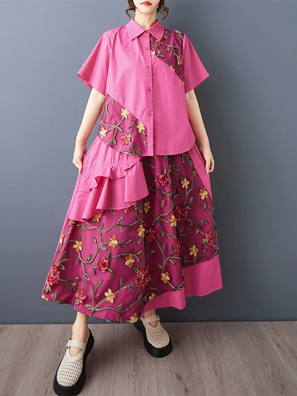 Faionable besticktes Me-Patchwork-Set mit Sve-Kragen, lockerer Taille und Rock, Sommer-Outfit für Damen, 25–35 Jahre...