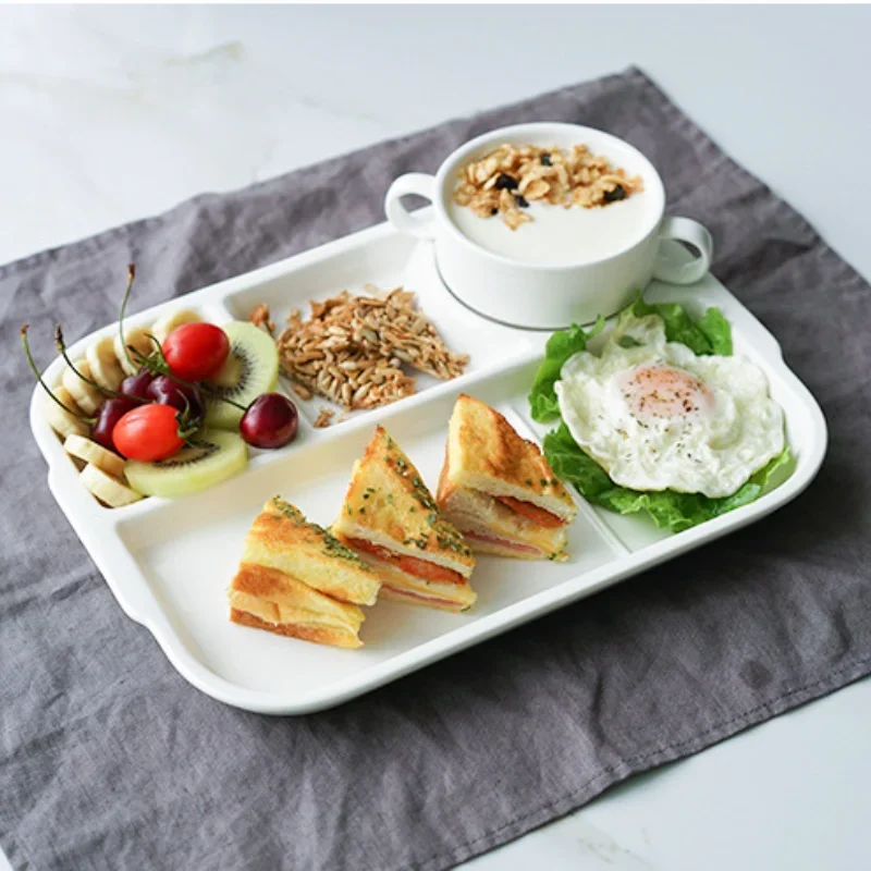 

Creative ceramic fruit snack tray Rectangular partition three grid Food contact materials Fast food tray Household tableware Chi