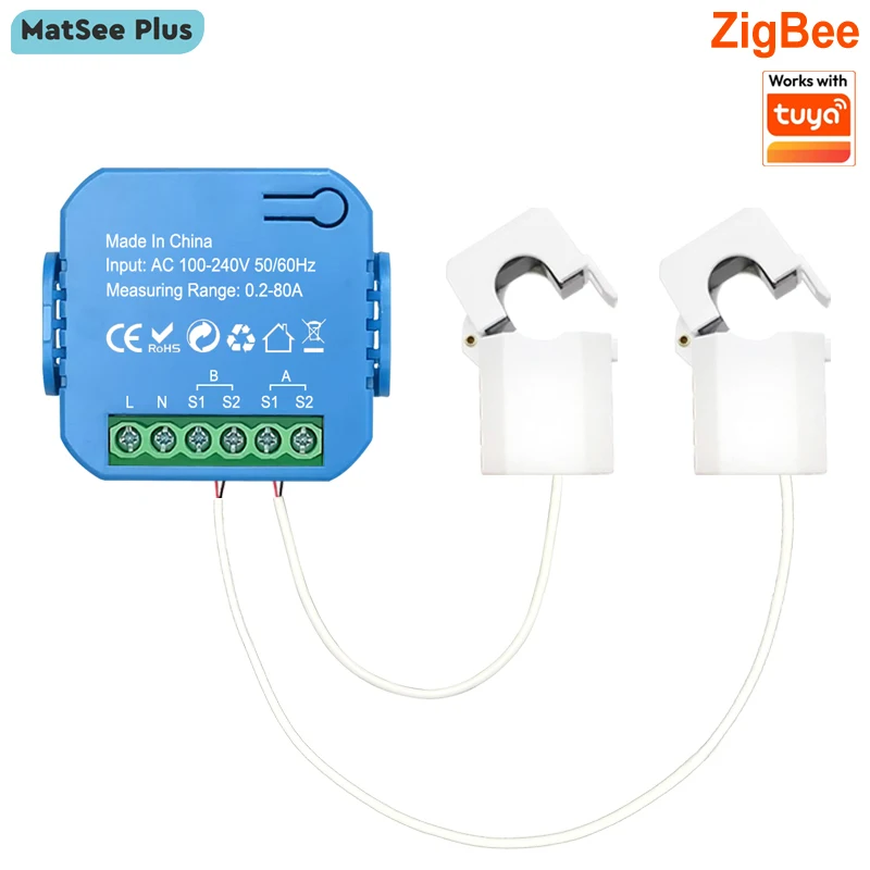 Compteur d'énergie intelligent ZigBee bidirectionnel 1, 2 canaux avec transformateur de courant à pince, surveillance de la puissance via application 80A 110V/240V 50/60Hz