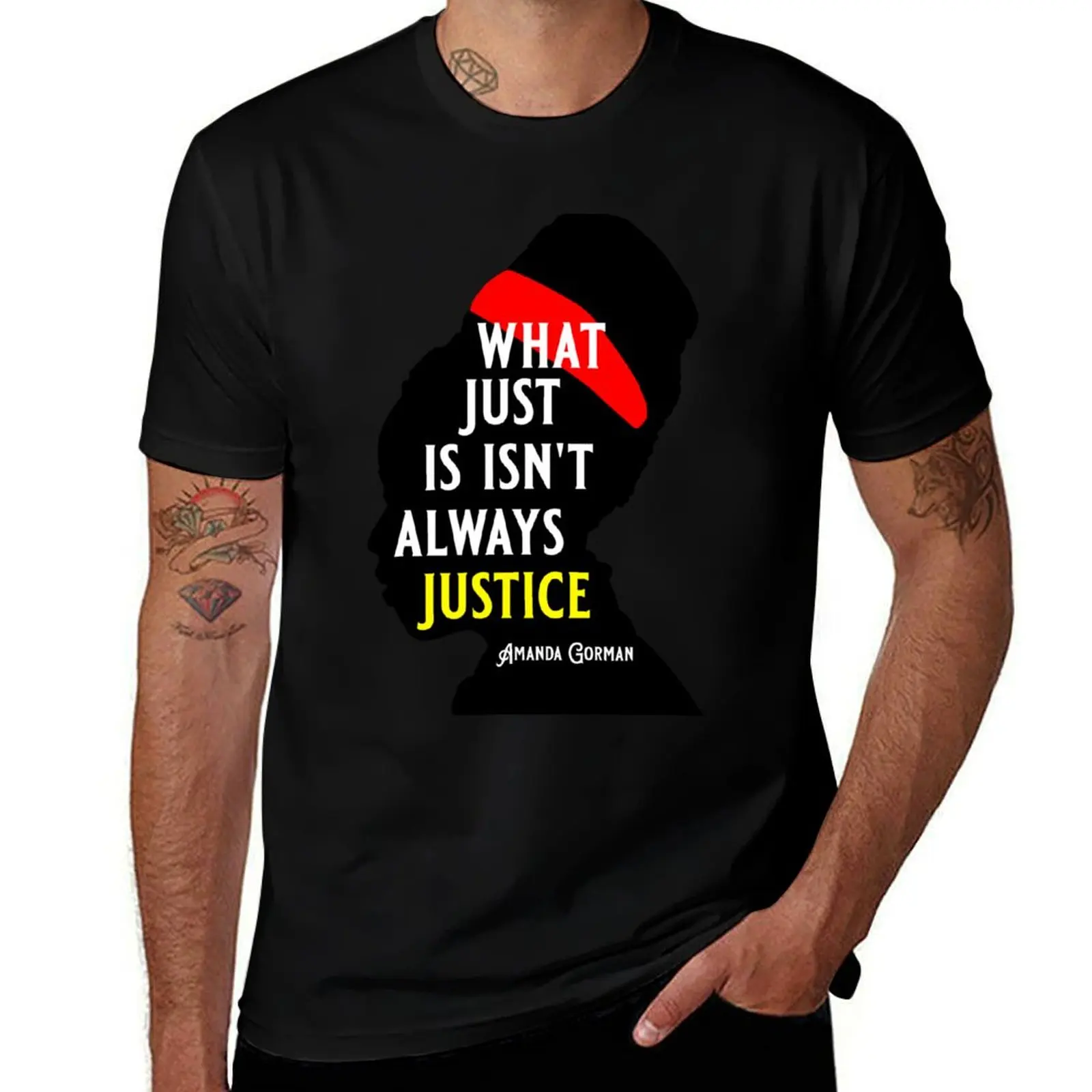 T-shirt décontracté et résistant pour le travail avec citations d'Amanda Gorman et poème The Hill We Climb : What Just Isn't Always Justice