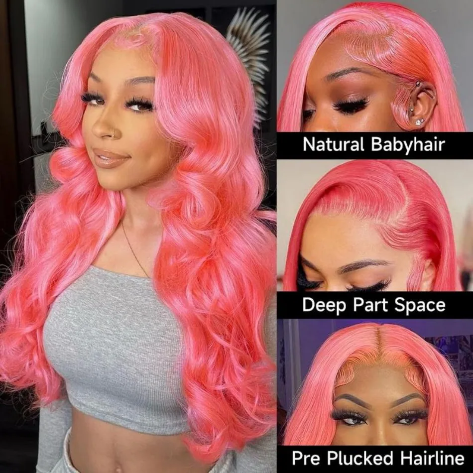 Pink Human Hair Wig Body Wave Lace Front Wig 13X6 Hd Lace Frontal Wig 230 Density Brazilian Hair 40 Inch Colored For Black Women