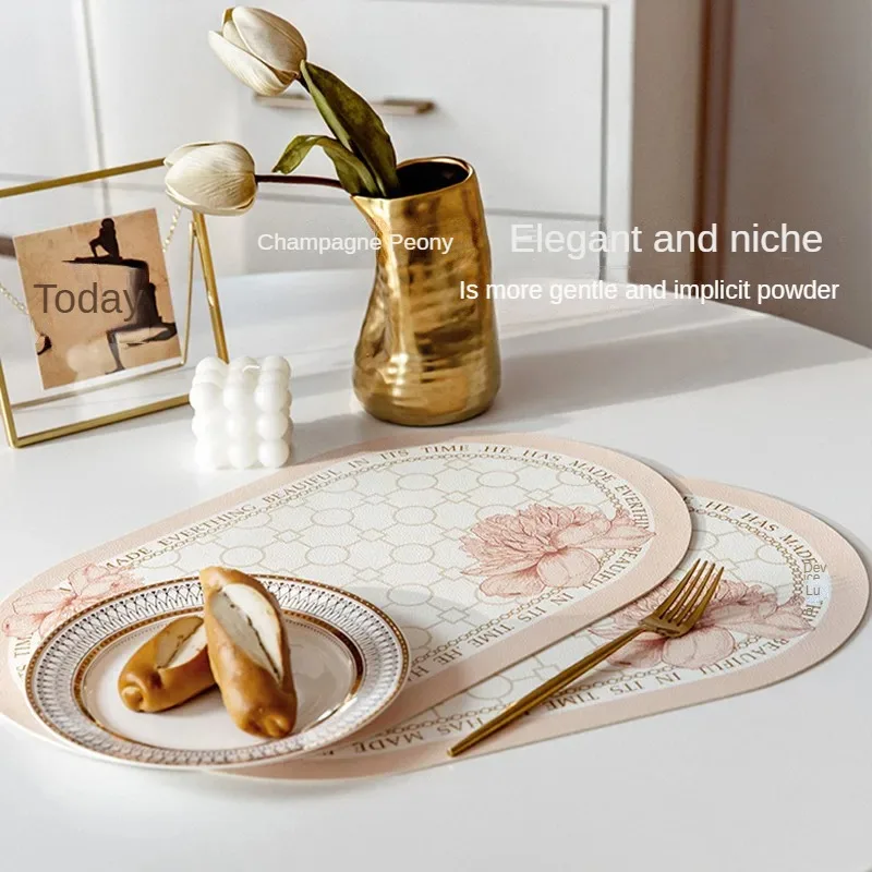 2 PCS Anti-Oil And Anti-Scalding Lychee Pattern Placemat Elegant And Light Luxury Classic Peony Flower Table Mat