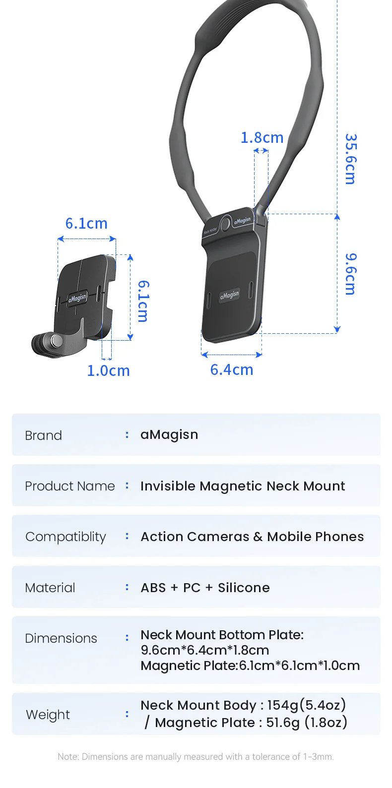 aMagisn AM21/AM56 Unsichtbare Magnetische Nackenhalterung für Actionkamera und Mobiltelefon-Ständer AM25/AM57 – Detail 12