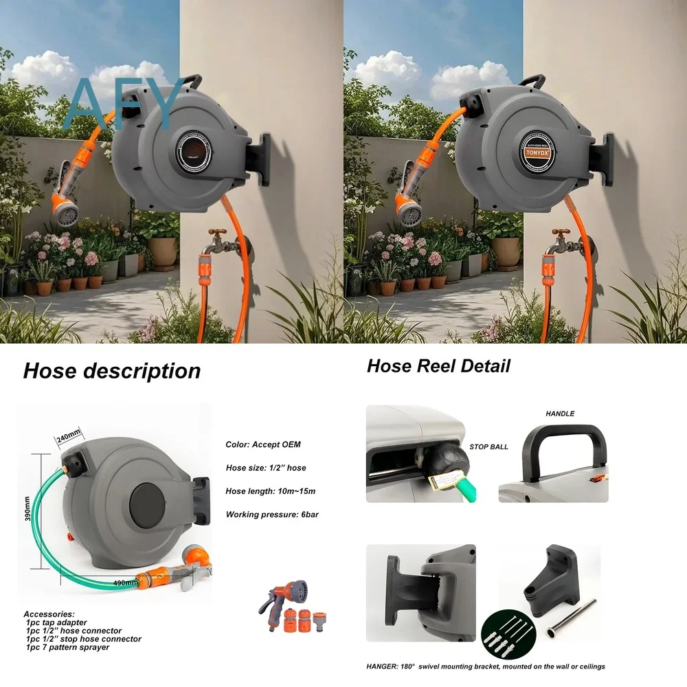 Rewinding Garden Water Hose Reel for Car Wash Outdoor Hose Storage Organizer with Wall Mount Bracket and Heavy Duty Steel