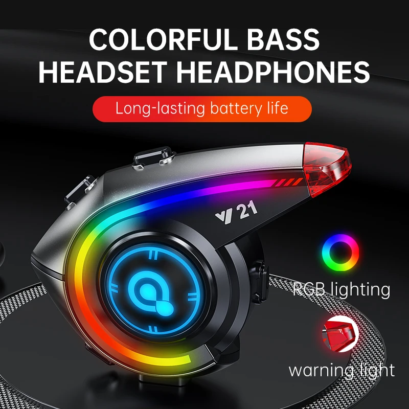 

Y21 Motorcycle Bluetooth Helmet Headset Waterproof Moto Headphone with RGB Lighting Noise Reduction Wireless Motobike Earphone