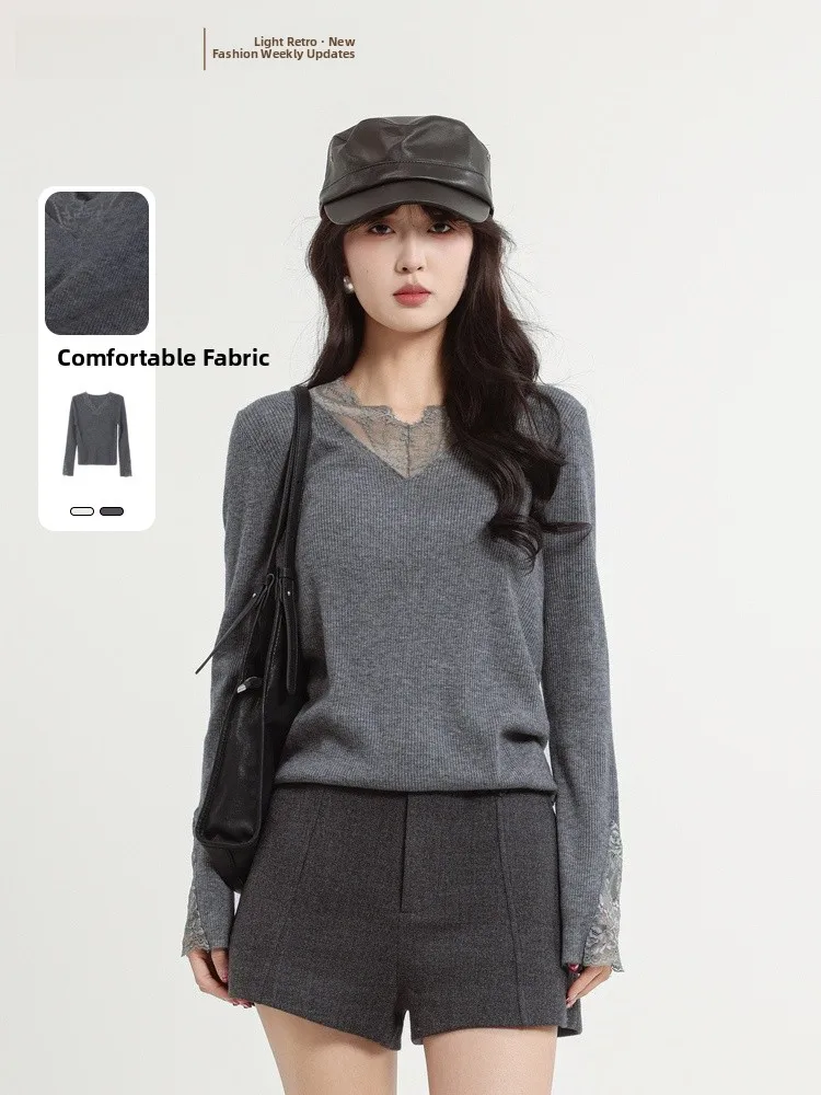 

Ele V-ne Lace Splice Slim Fit Sweater Spring 2026 New Arrival JYDQD Memory's Start Point Women's Faion Knitwear