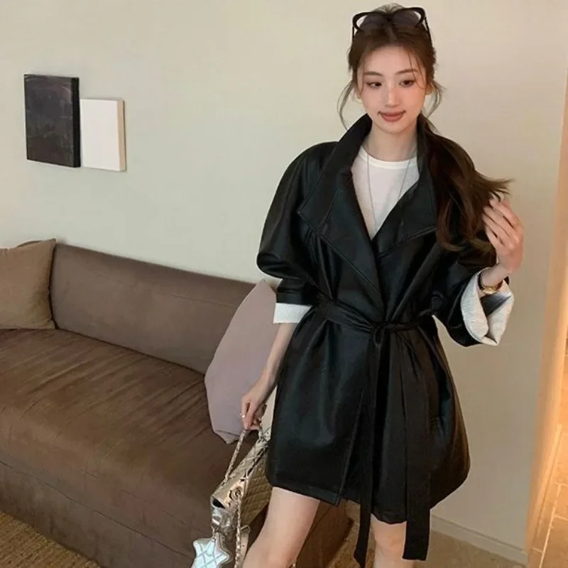Women's High-end Sense New Autumn Cool Sa Style Temperament Huge Good-looking Jacket Medium and Long Parkas Black Leather Jacket