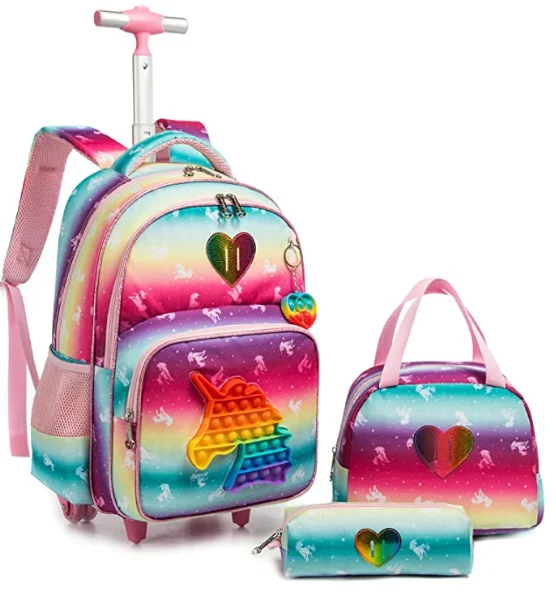 Schule Trolley Tasche mit mittagessen tasche Schule Rollende Rucksack Set Rädern rucksack für mädchen Kinder 3 stücke Schul set mit räder