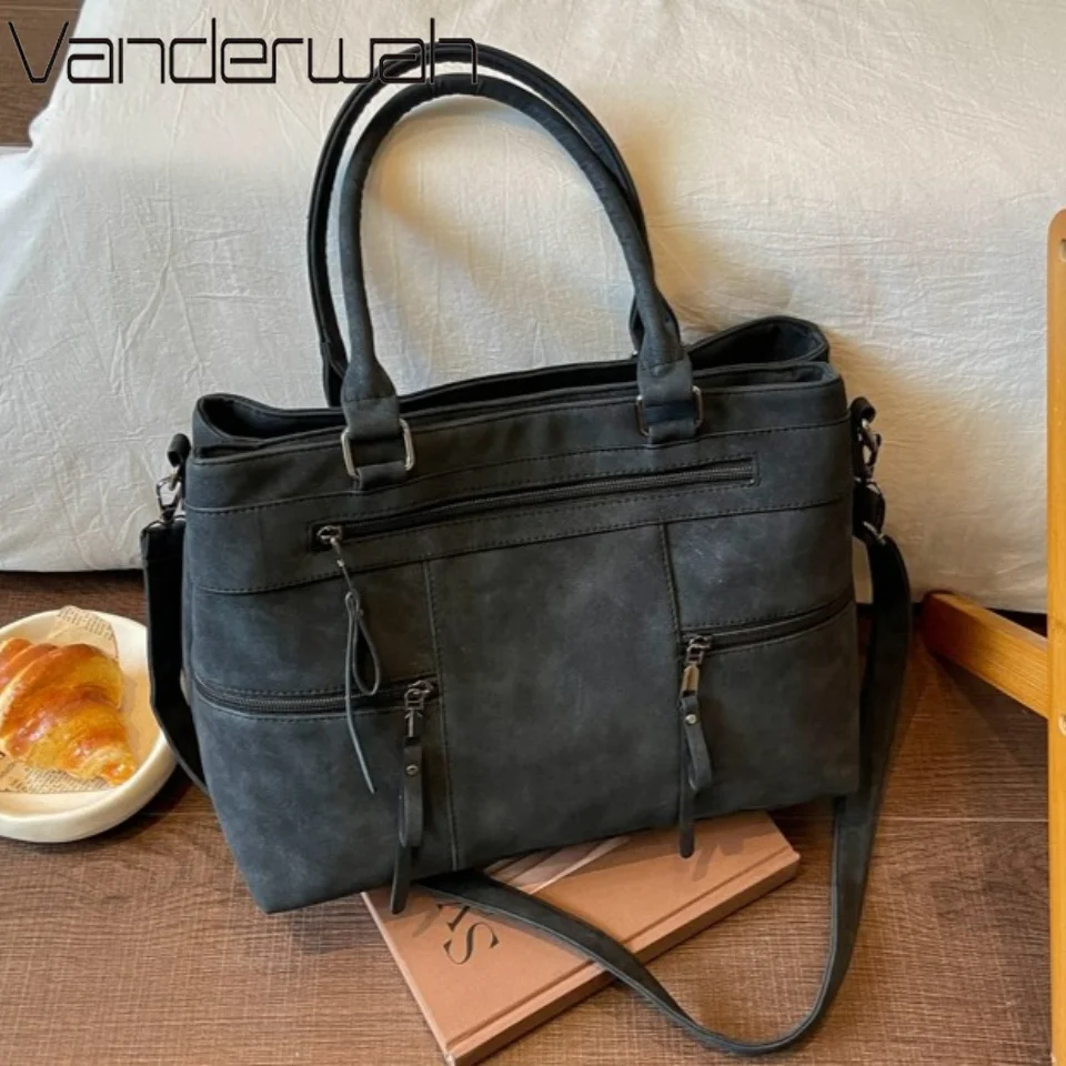 Women Vintage Large Capacity Tote Bag Multi‑pocket Ladies Handbag Soft Leather Casual Daily Commuter Shoulder Crossbody Bag New