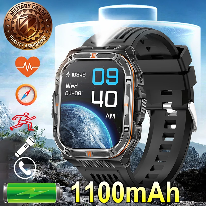 

1100mAh Men Women Smart Watch Compass Outdoor Sports Wrist Watch Anti-fall Strong Fashlight IP68 BT Call Heart Rate Smartwatch