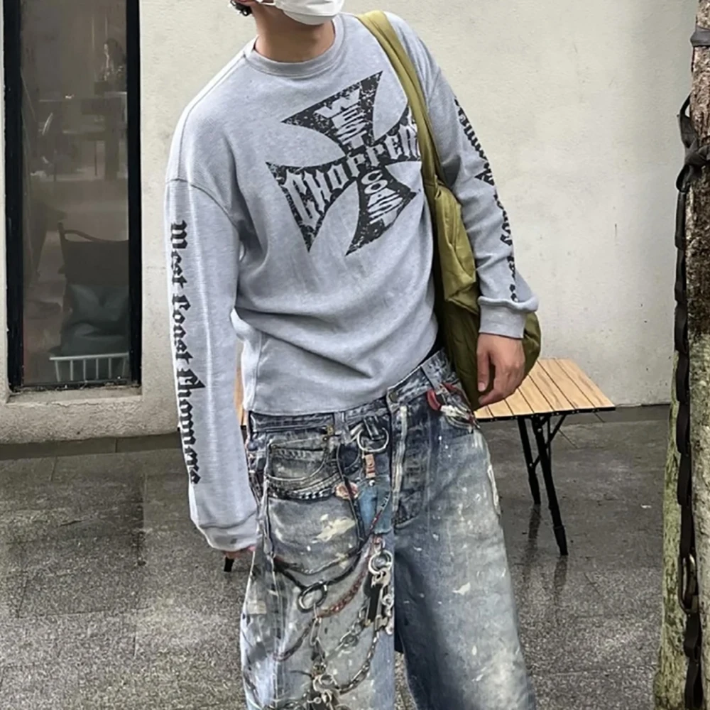 New street fashion brand waffle top casual American vibe retro washed loose long-sleeved T-shirt men