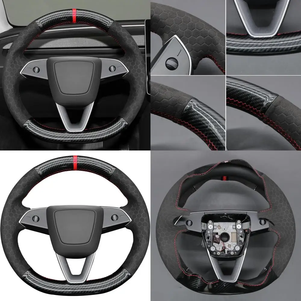 

Чехол на руль для Tesla Model 3 Highland 2023-2025/Tesla Model Y 2025, прошитая вручную замшевая накидка на руль из углеродного волокна