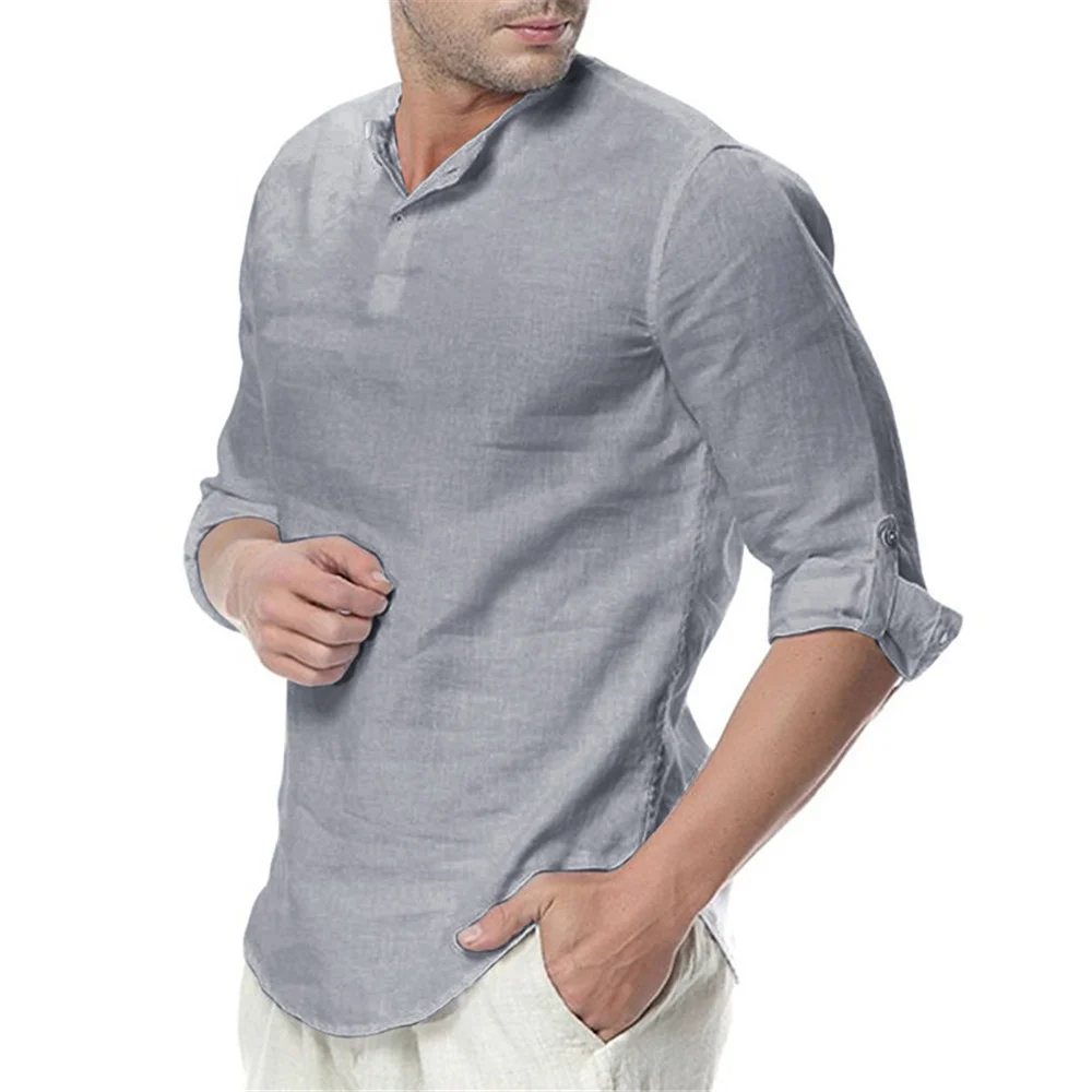 Camisa de manga comprida de linho algodão masculina, tops havaianos soltos masculinos, respirável, confortável, casual, estilo fashion, monocromática