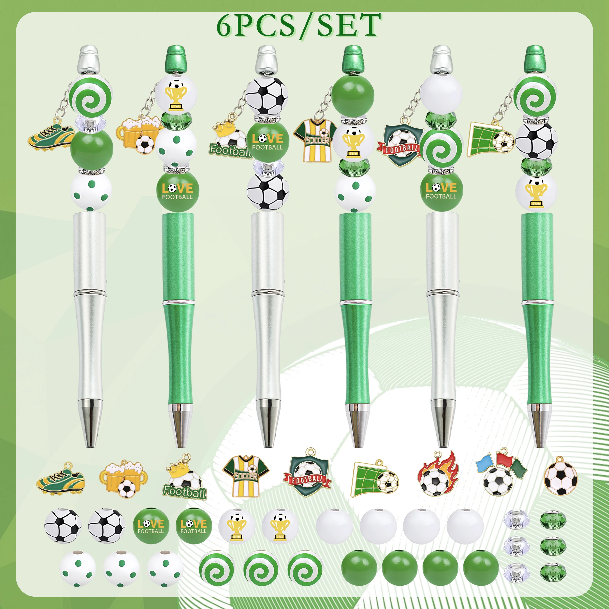 6pcs/set Green and Silver Soccer DIY Beaded Pen, Personalized DIY Ballpoint Pen, Suitable for Study, Writing, Office