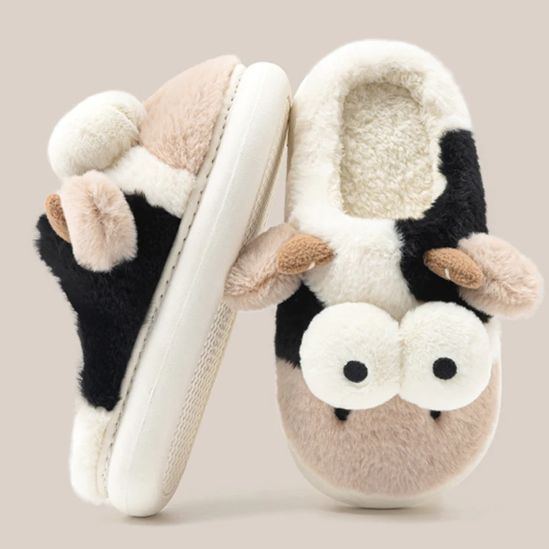 Feslishoet Winter Women Thick-Soled Shoes Adorable Cow Pattern Creative Non-Slip Comfy Versatile Indoor Outdoor Slippers Man