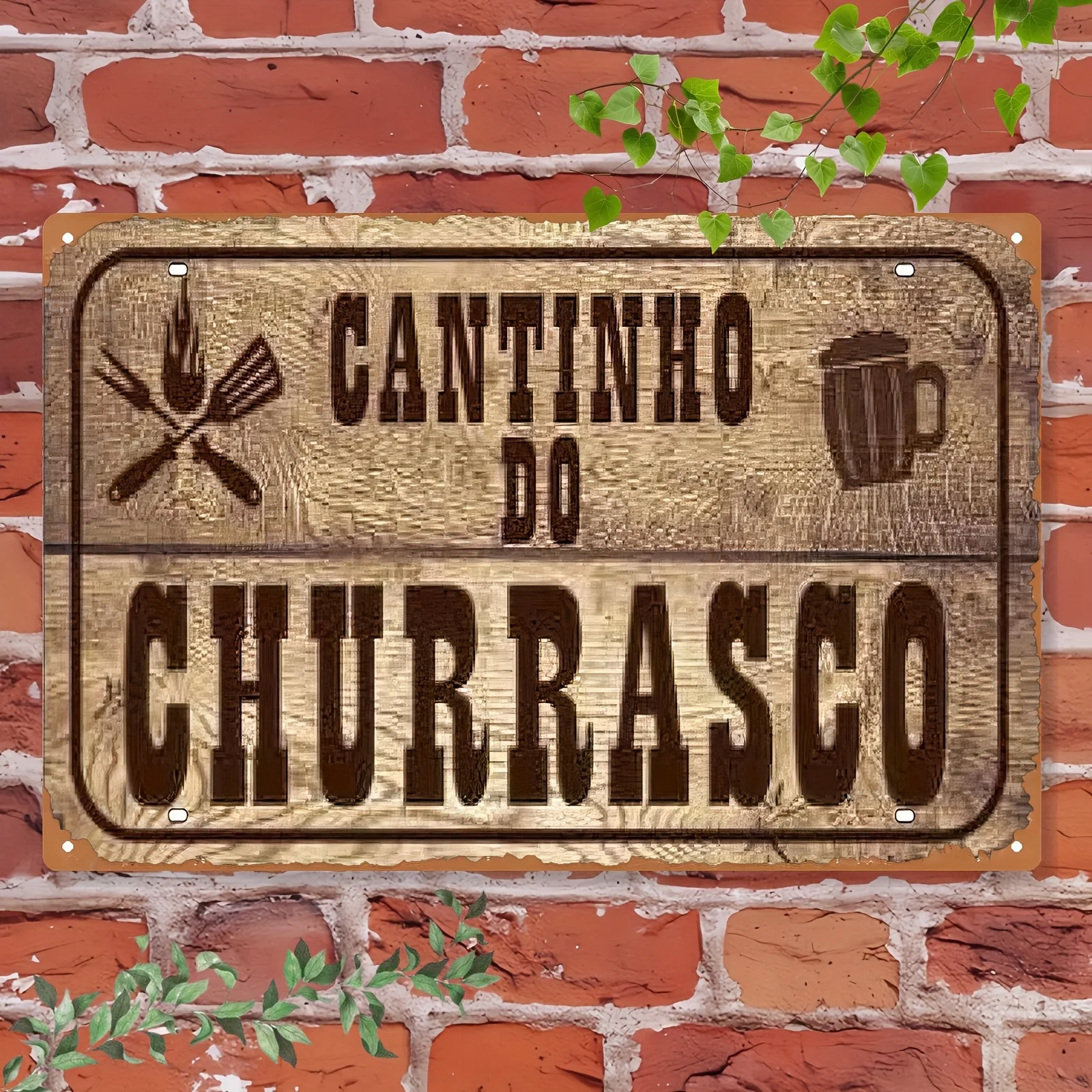 Letrero Metálico Vintage Brasileño para Churrasco "CANTINHO DO CHURRASCO" - Decoración Rústica de Hierro para Exteriores, Placa Duradera para Bar