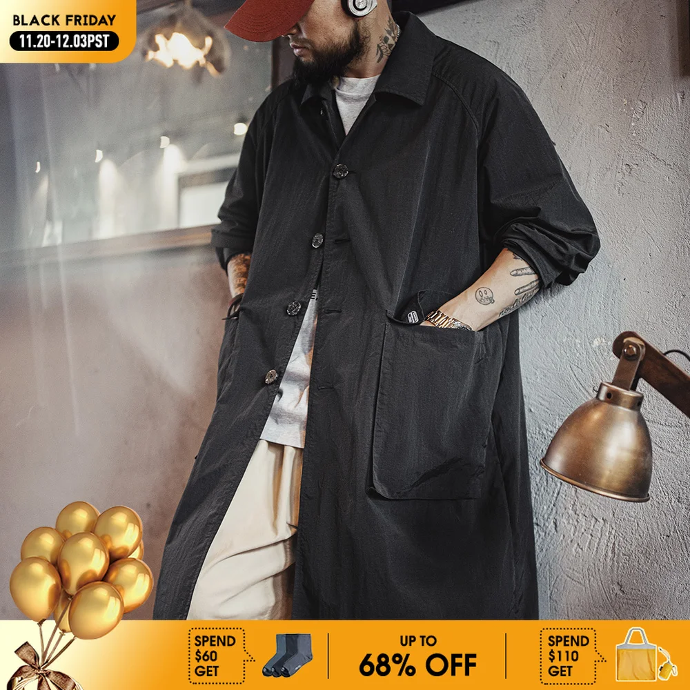 

Maden Men's Black Balmacaan Coat Single-Breasted Collar Mid-Length Windproof Overcoat for Spring and Fall Commuter Trench Coat