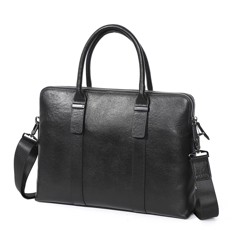 Double Zipper Men Handbag Genuine Leather Business Men Briefcase Laptop Bag Cowhide Leather Travel Bag Office Work Bag File Bag