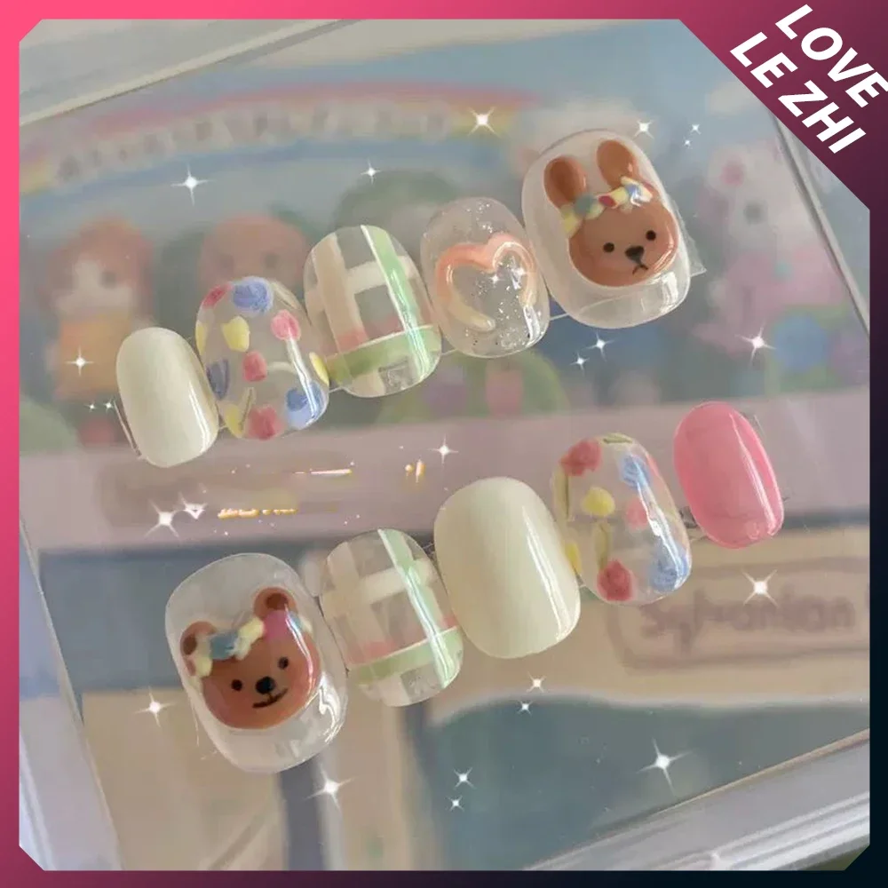 10Pcs Cute Fashion Handmade Press On Nails Kawai Full Cover Cartoon Rabbit Short Ballet Custom Wearable Reusable Fake Nails