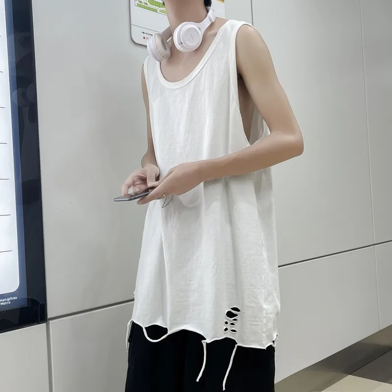 Trendy Men's Loose Fit Sleeveless Vest White Hole Punch High Street Base Shirt Youth Summer Casual round Neck Sweat Vest