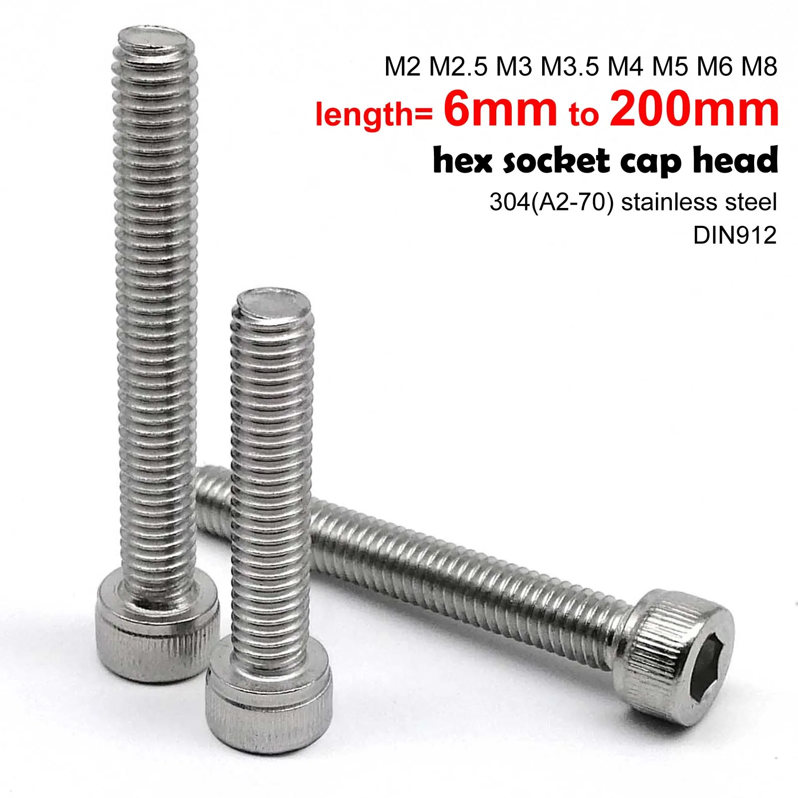 M2 M2.5 M3 M3.5 M4 M5 M6 M8 304 A2 Stainless Steel DIN912 Hexagon Hex Socket Cap Allen Head Bolt Screw Lengthened Long 6-200mm