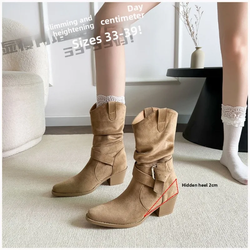 New Retro Women's Shoes Exquisite Suede Slouchy Boots for Woman Fashion Britain Mid Calf Boots Luxury Designer Shoes Botas Mujer