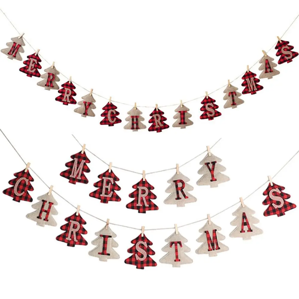 Removable Merry Christmas Pull Flags Decorative Wood/Hemp Rope Christmas Banners Christmas Tree Shape Hanging