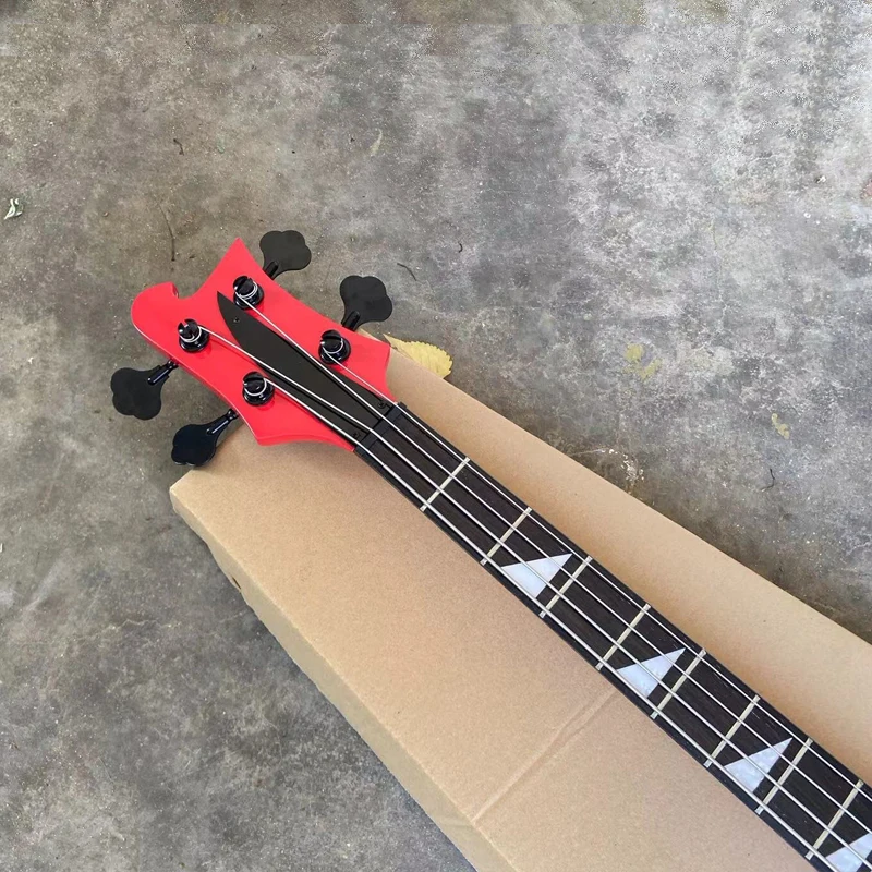 4003 Electric Bass Guitar Red Color, Black Hardware & Pickguard, Flat Body, Small Triangle Inlays, 4 String Bass