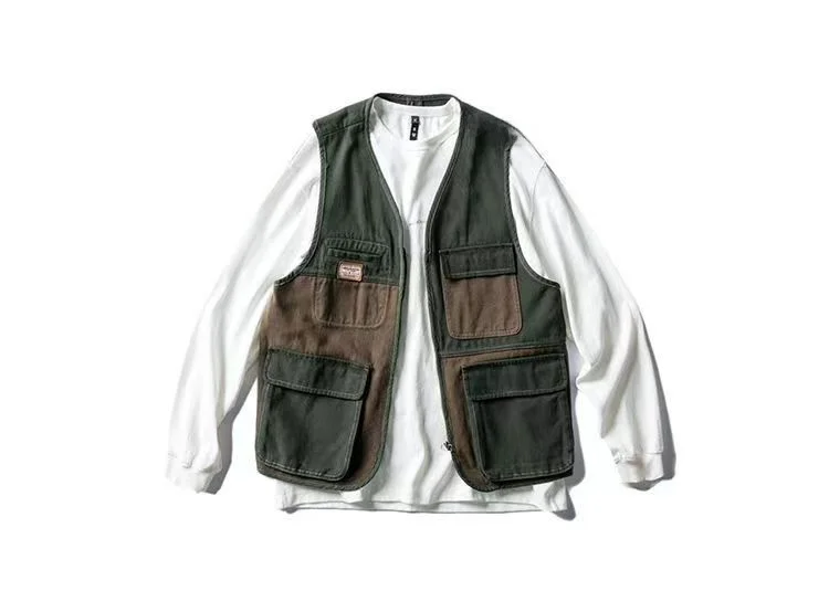 

Retro American Waed Color Blo Multi ket Hunting Workwear Neutral Vest ex oulder Pad Vest Spring Youth Casual Loo...