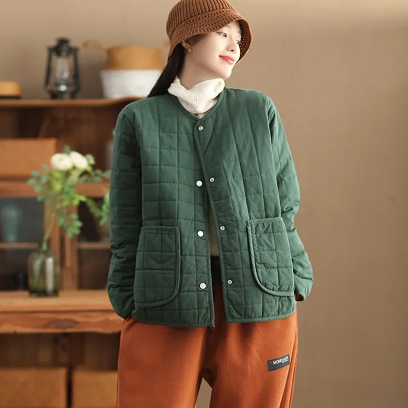 Women Casual Quilted Coats New Arrival 2024 Autumn Winter Vintage Style V-neck Solid Color Female Thick Warm Jackets B2063