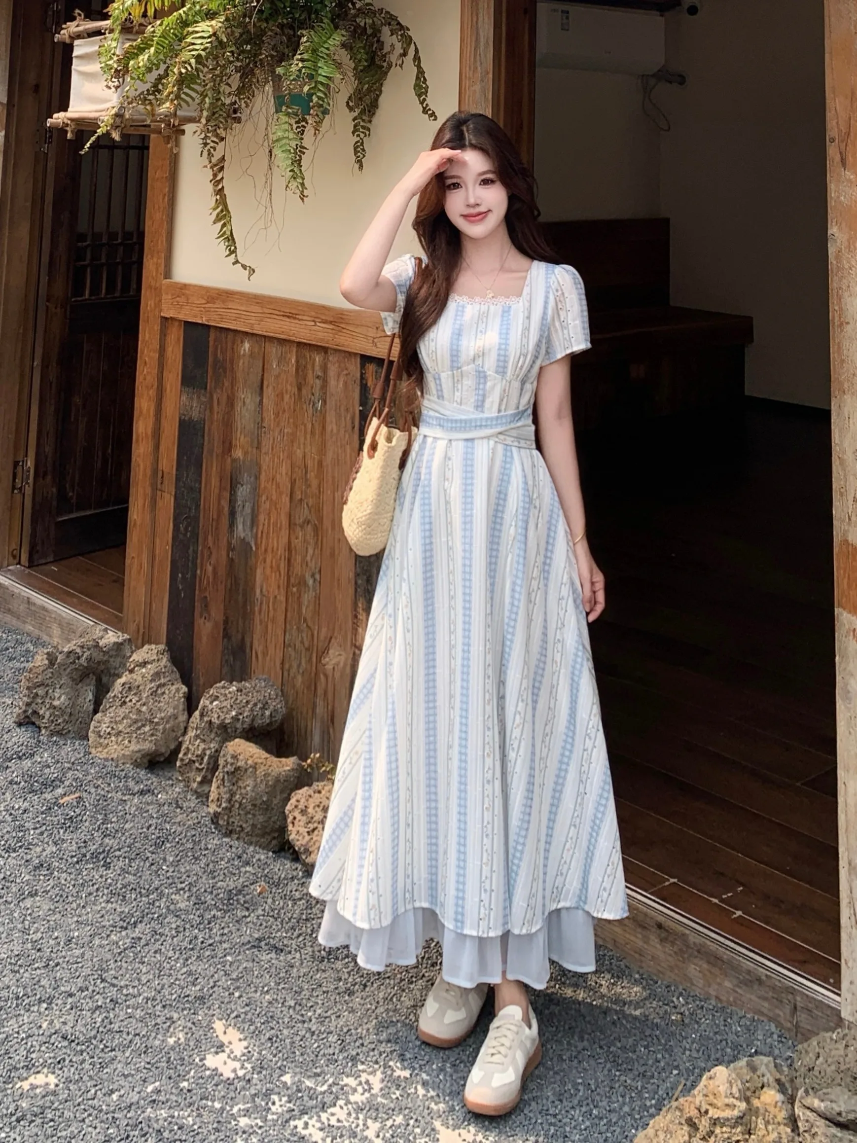 

plus Size Plaid Short Sleeve Dress Square Collar Slimming Design Summer New Style High Waist Long Dress Korean Style A-Line S...