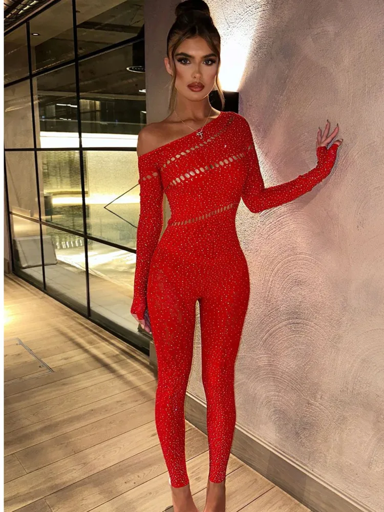 Articat Sexy Tight Long Sleeved Hot Stamping Hollow Jumpsuit Women High Elasticity Jumpsuit Female Autumn New 2024 Club Clothing