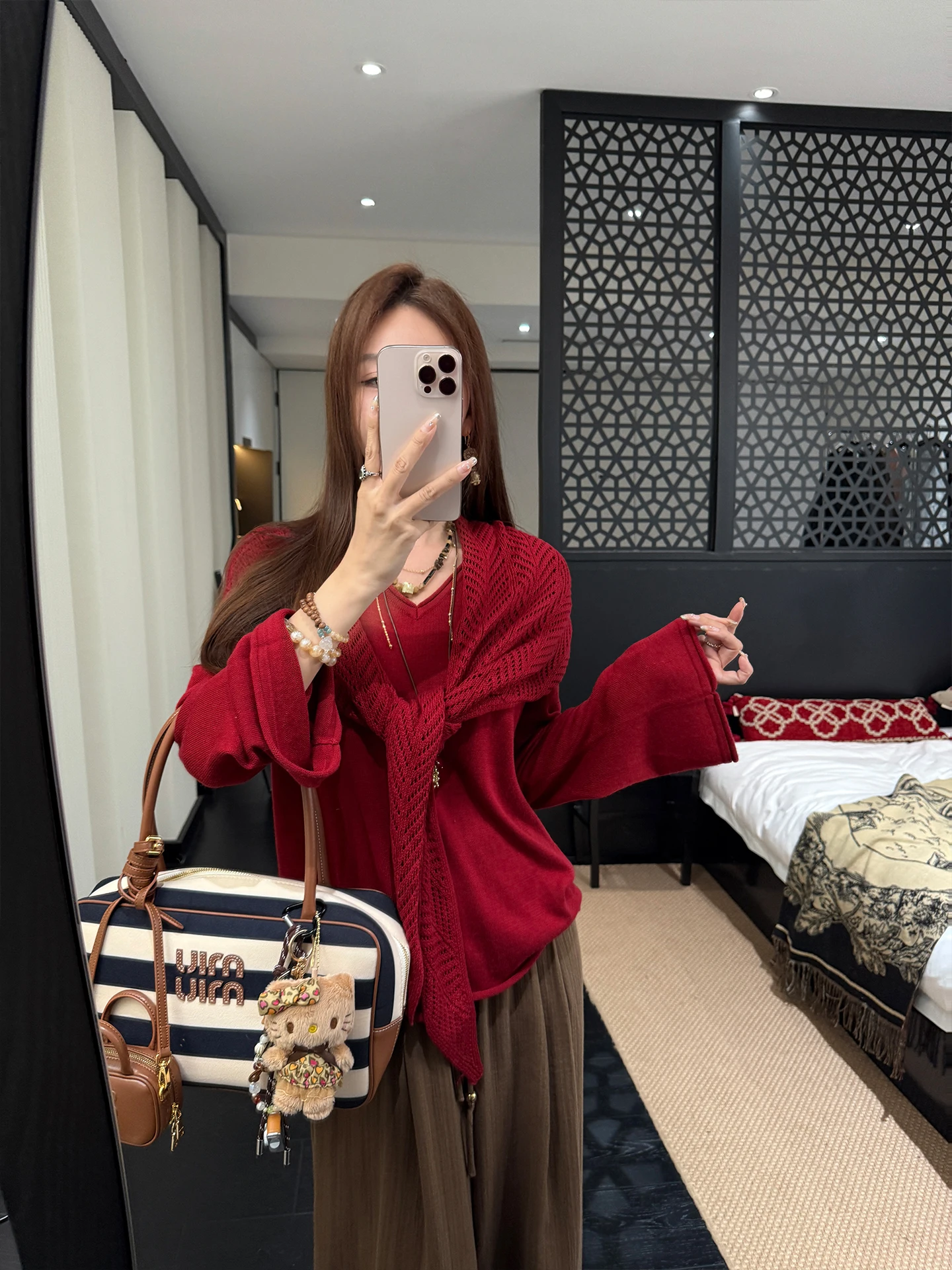 

Red Silk Wool Knitted Sweater Large awl Set V-ne Korean Sle Loose Fit Long Sve Women's Faion Autumn Collection