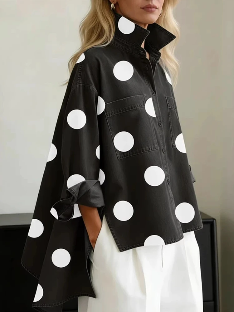 

Loose oversized front short back long slit spring and autumn new style top retro plush big polka dot imitation denim top