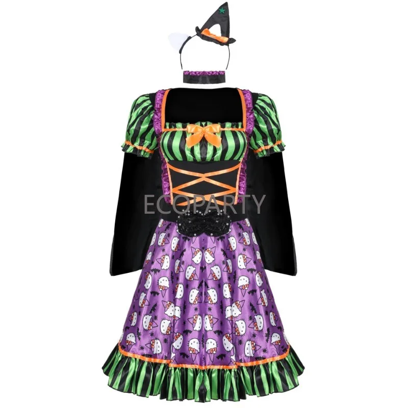 

2023 New Style Circus Troupe Clown Cosplay Purple Green Kitty Cat Printed Witch Cloak Dot Dress Costumes Halloween Adult Woman